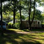 Caravane et maison mobile entourées de verdure dans un cadre de camping