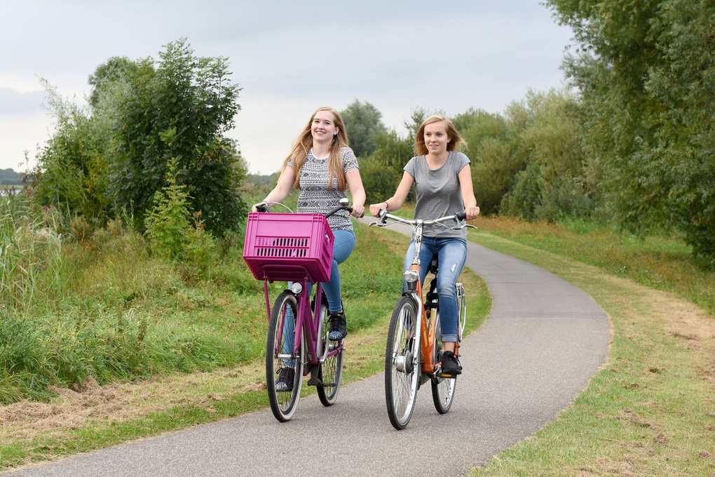Deux femmes cyclant sur un chemin, panier rose, entourées de verdure et ciel gris Deux femmes cyclant sur un chemin, panier rose, entourées de verdure et ciel gris