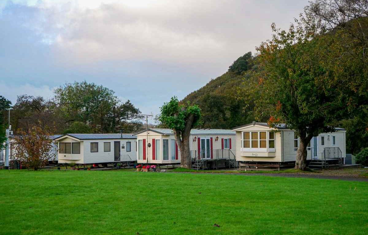 Des mobile homes sur un pré vert avec arbres et colline